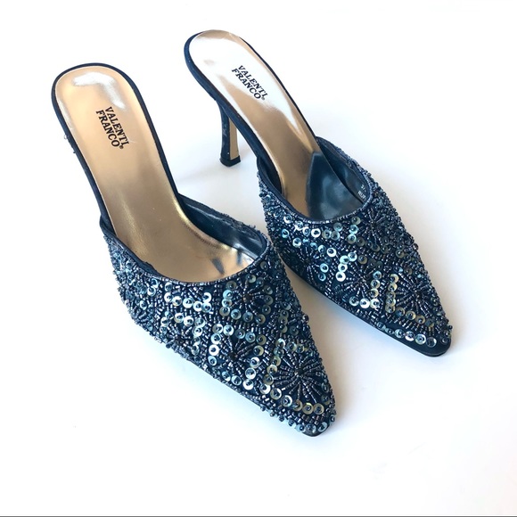 Valenti Franco Ruffles Blue Sequin Mule Heels - Picture 9 of 12